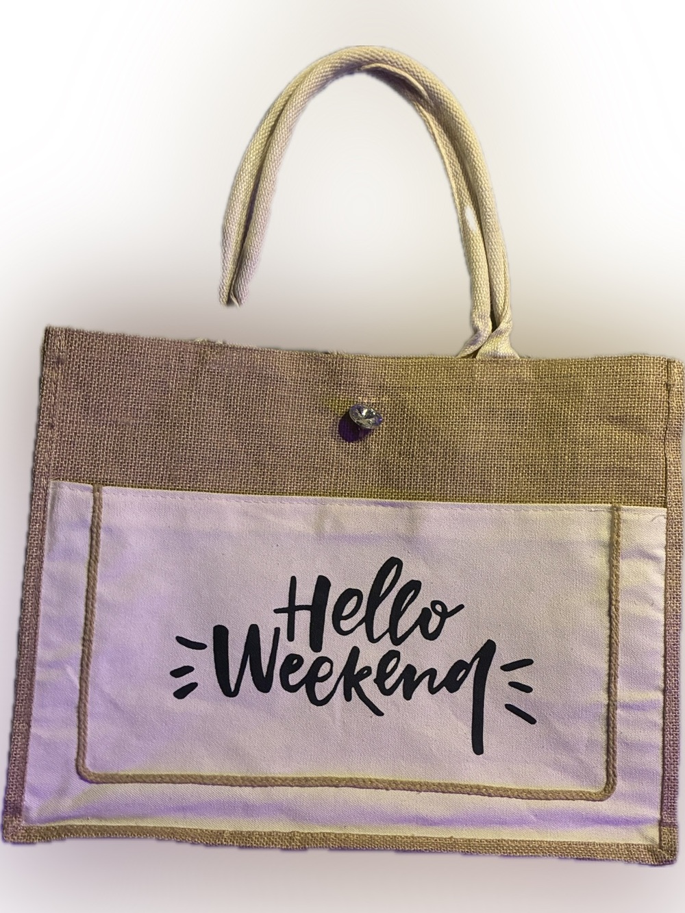 Canvas Weekend Tote Bag - Beige "Hello Weekend"
